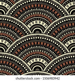 African Overlapping Circles Tile Design Vector Seamless Pattern. Tribal Motifs Organic Repeating Geometry. South African Folk Medallion Concentric Shapes Seamless Geometric Pattern.