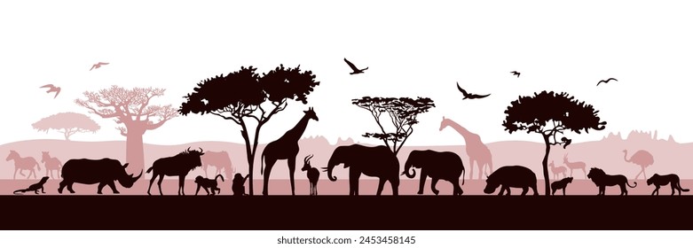 African panorama with silhouettes of wild animals. Vector illustration.