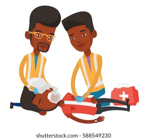 African paramedics doing cardiopulmonary resuscitation of a man. Team of emergency doctors during process of resuscitation of injured man. Vector flat design illustration isolated on white background.