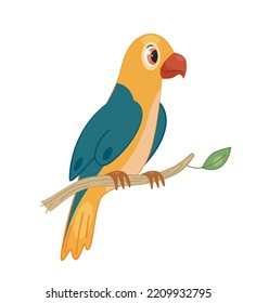 African parrot concept. Multicolored blue yellow bird with red beak sits on branch in jungle or tropical forest. Savannah, wild life and nature. Toy or mascot. Cartoon flat vector illustration