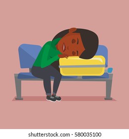 African passenger sleeping on luggage in airport. Exhausted woman sleeping on suitcase at airport. Woman waiting for flight and sleeping on suitcase. Vector flat design illustration. Square layout.