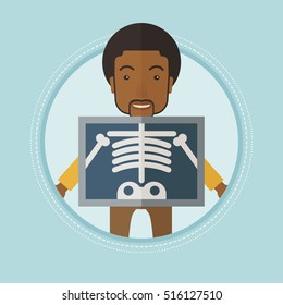 An african patient during chest x ray procedure. Man with x ray screen showing his skeleton. Patient on reception at radiologist. Vector flat design illustration in the circle isolated on background.