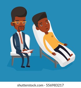 African patient lying on sofa and talking about problems with psychotherapist or psychologist. Psychologist having session with patient in depression. Vector flat design illustration. Square layout.
