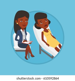 African patient talking about problems with psychotherapist or psychologist. Psychologist having session with depressed patient. Vector flat design illustration in the circle isolated on background.