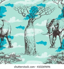 African Pattern, Baobab Tree And Elephant, Summer Seamless Pattern