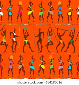 African pattern, a cheerful pattern with people. Multicolored africans on an orange background.