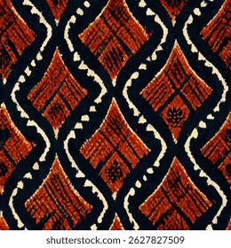 African pattern, in dark brown and orange on a black background. grunge lines ikat pattern, striped seamless pattern, Vector illustration background for print the paper.