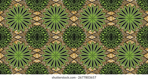 Patrón africano, estilo de círculo de diseño africano. fondo étnico tradicional verde y oro. color verde de diseño de moda. Diseño geométrico motivo de círculo. Estampados de Ankara, estampados de cera africana. patrón de círculo
