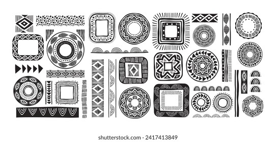 African pattern elements, symbols, icons. Black and white tribal, Aztec, African, Indian hand drawn lines, elements, circles. Concept vector illustrations collection