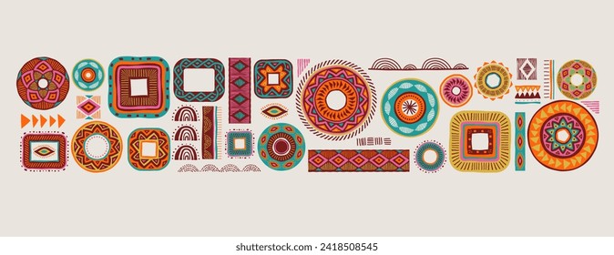 African pattern elements, symbols, icons. Colorful tribal, Aztec, African, Indian hand drawn lines, elements, circles. Concept vector illustrations collection svg