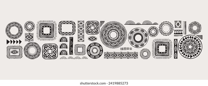 African pattern elements, symbols, icons. Black and white tribal, Aztec, African, Indian hand drawn lines, elements, circles. Concept vector illustrations collection