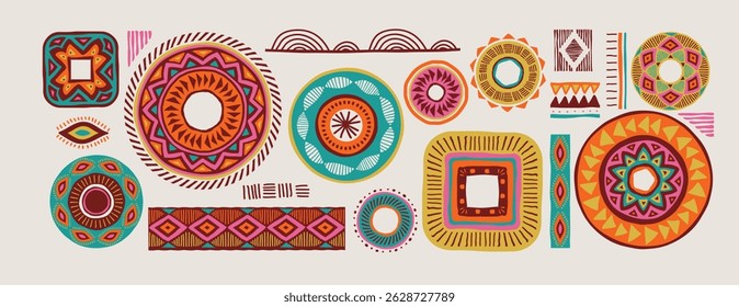 African pattern elements, symbols, icons. Colorful tribal, Aztec, African, Indian hand drawn lines, elements, circles. Concept vector illustrations collection
