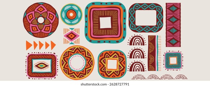 African pattern elements, symbols, icons. Colorful tribal, Aztec, African, Indian hand drawn lines, elements, circles. Concept vector illustrations collection