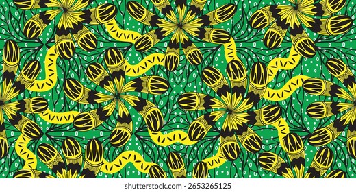African pattern. ethnic traditional green pattern. seamless beautiful Kitenge, chitenge, Ankara style. fashion design. Geometric floral abstract motif. Yellow Floral Ankara prints, African wax prints