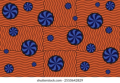 Afrikanisches Muster Blumen Blau
Orangefarbener Hintergrund mit wellenförmigen schwarzen Linien und verstreuten blauen Spiralen.
Design afrikanische Muster Stil.
Design für Textilien, Stoff, Kleidung, Wappen, Wohnkultur.