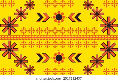 Afrikanisches Blumenmuster 
Dieses Bild zeigt einen gelben Hintergrund mit orangefarbenen und schwarzen geometrischen Blumenmustern in symmetrischem Design.
Afrikanischer Musterstil.
Design für Textilien, Gewebe, Kleidung