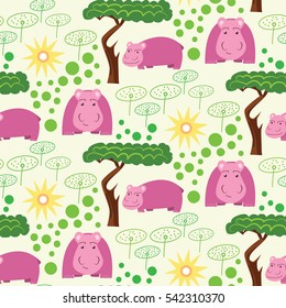 African pattern: hippo with sun, tree and hand drawn elements. Cute children illustration