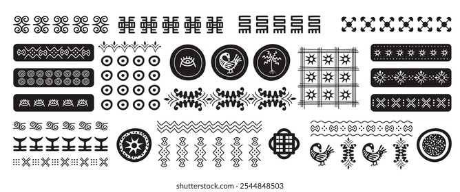 Padrão africano. Mão mexicana desenhado elementos. Formas orientais. Círculos gráficos astecas. Decoração da Etiópia. História da cultura oriental. Impressão repetida. Vetor preto silhueta tribal ornamentos conjunto