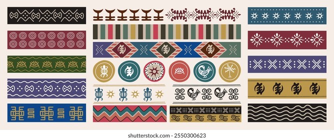 African pattern. Mexican traditional shape. Indian culture ornament. Ethnic border. Africa tribal design. Circle element. Ethiopia native background. Polynesian flat motif. Vector repeated prints set