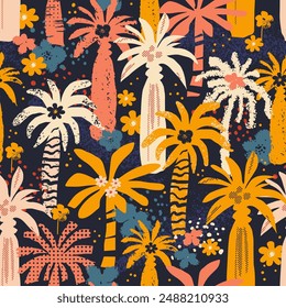 African pattern with palm trees and flowers. Flat seamless pattern. 