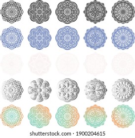 African pattern, traditional mandala, chakra mandala, spiritual ornament, and floral circular pattern shape in solid colors, outline, and gradient color forms in isolated vector