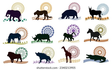 African patterns with animal silhouettes, set of12 pictures. Vector illustration