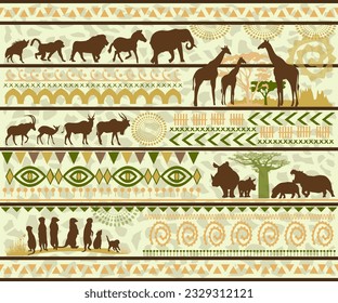 African patterns with animals  silhouettes. Vector illustration