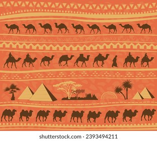 African patterns with camel, palm, acacia, pyramid  silhouettes. Vector illustration