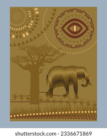 African patterns with elephant silhouette, dark yellow background. Vector illustration