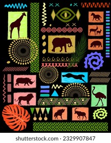 African patterns and leaves with animals  silhouettes on black background. Vector illustration