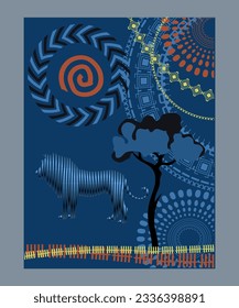 African patterns with lion silhouette, dark blue background. Vector illustration