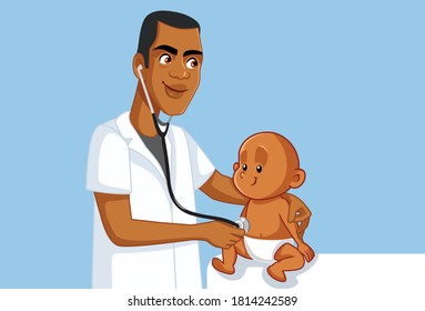 African Pediatrician Holding Stethoscope Examining  Happy Baby. Medical doctor consulting little toddler child
