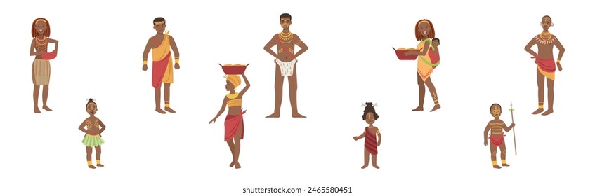 African People Character Standing Aboriginal in Traditional Tribal Clothing Vector Set