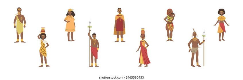 African People Character Standing Aboriginal in Traditional Tribal Clothing Vector Set