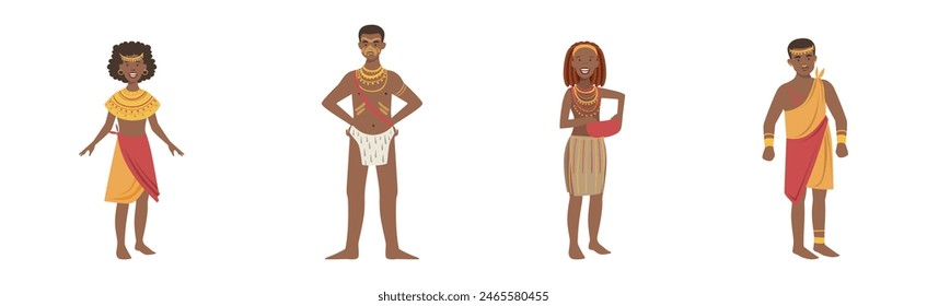 African People Character Standing Aboriginal in Traditional Tribal Clothing Vector Set