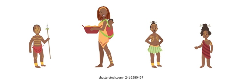 African People Character Standing Aboriginal in Traditional Tribal Clothing Vector Set