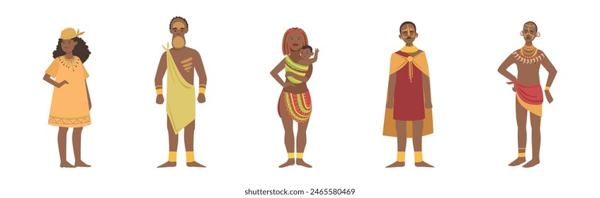 African People Character Standing Aboriginal in Traditional Tribal Clothing Vector Set