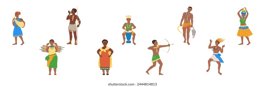 African People Character in Traditional Tribal Clothing Vector Set