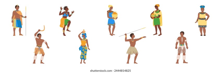 African People Character in Traditional Tribal Clothing Vector Set