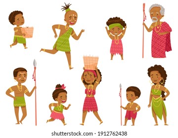 African People Characters with Kids in Traditional Tribal Clothing Vector Set