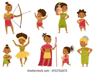 African People Characters with Kids in Traditional Tribal Clothing Vector Set