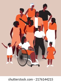 African People As Community With Black Skin Isolated, Flat Vector Stock Illustration As Juneteenth Community, Inclusive Group Of People, Different Ages, Gender