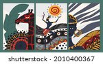 African people dance in ethnic abstract tribal pattern vector illustration set. Folk traditional ornament, giraffe and dancers from Africa, poster, social media stories template, wall art design