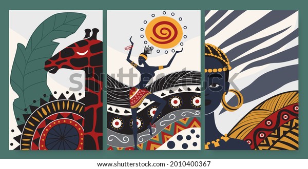 African people dance in ethnic abstract tribal pattern vector illustration set. Folk traditional ornament, giraffe and dancers from Africa, poster, social media stories template, wall art design