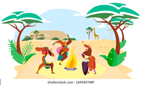 African people dance, man and woman cartoon characters performing traditional culture ritual, vector illustration. Aboriginal ethnic tribe dancing in Africa savanna, native folk ceremony drum bonfire