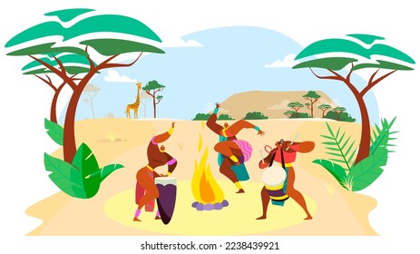 African people dance, man and woman cartoon characters performing traditional culture ritual, vector illustration