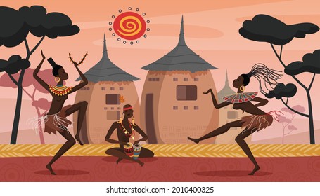 Los africanos bailan en ceremonias rituales étnicas, ilustraciones vectoriales de la cultura tribal. Caricatura aborígenes bailarinas tocando tambores con patrones decorativos nativos, bailando en el fondo de la aldea de África