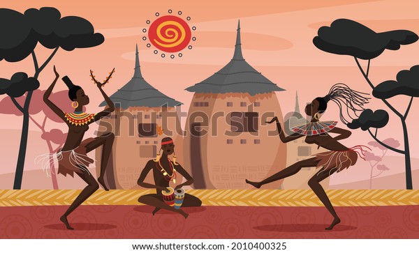 African people dance on ethnic ritual\
ceremony, tribal culture vector illustration. Cartoon aborigines\
dancers playing drums with decorative native patterns, dancing in\
village of Africa\
background