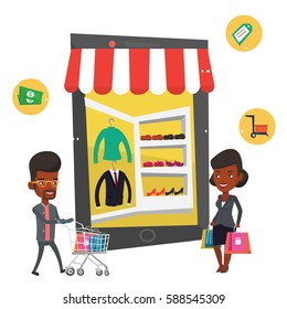 African people doing online shopping. Woman and man using mobile shopping. Woman and man walking in store that looks like tablet computer. Vector flat design illustration isolated on white background.