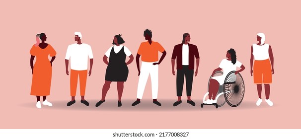 Los africanos son aislados, ilustraciones planas de vectores como la comunidad de Junetdecies, diferentes edades, género, personas discapacitadas y mujeres con sobrepeso